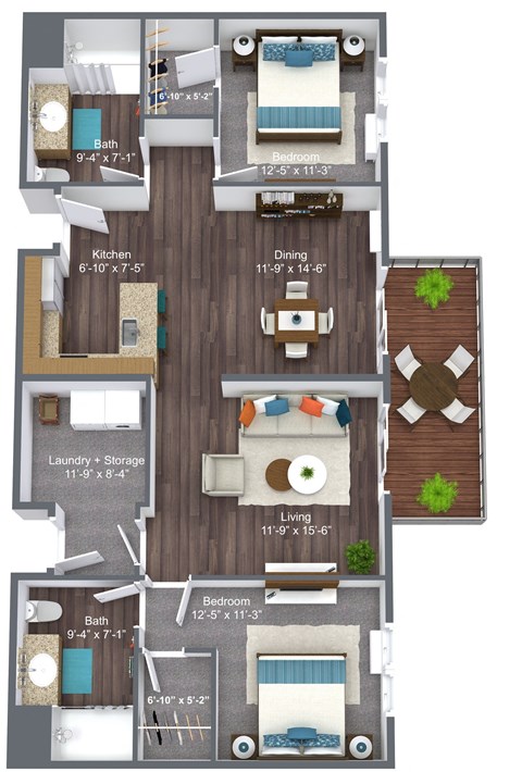 Floor plan for 2 beds, 2 baths, 1220 sqft